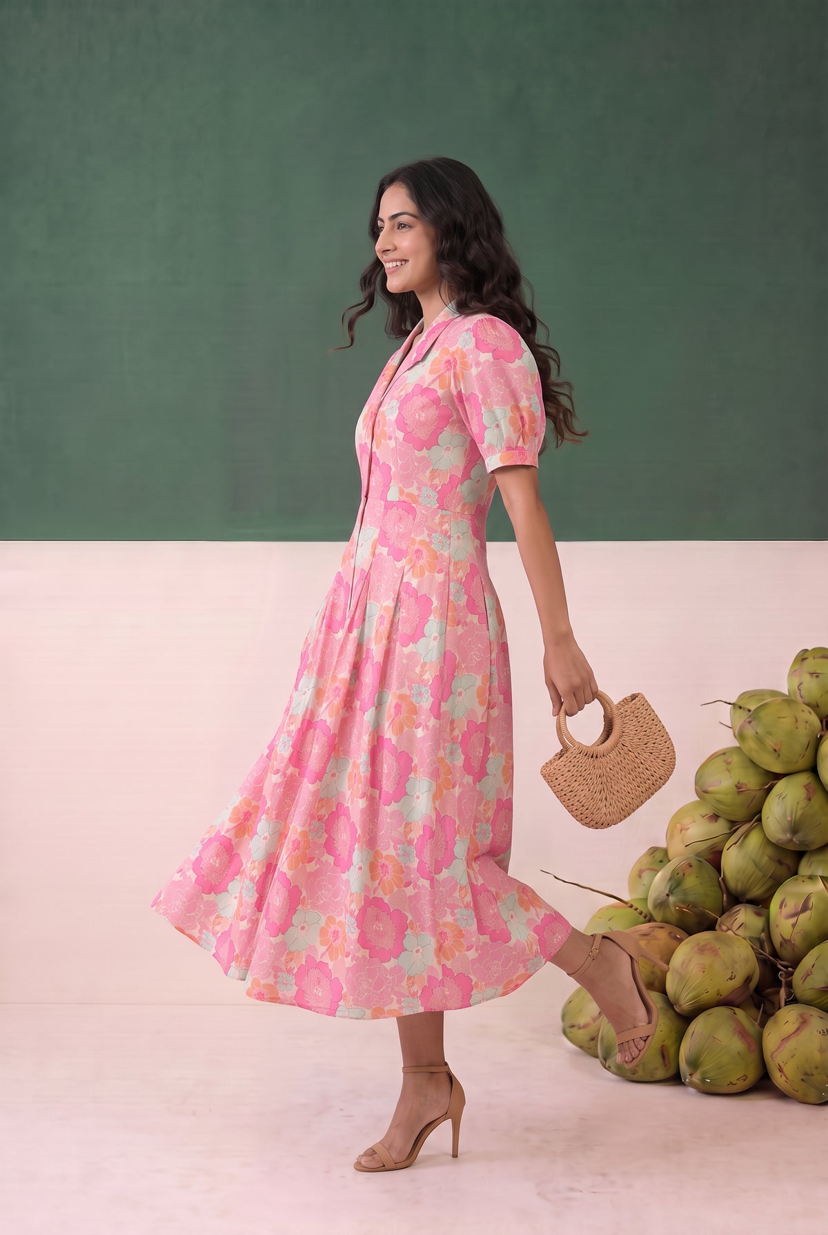 Pink Floral Printed Fit and Flare Midi Cotton Dress