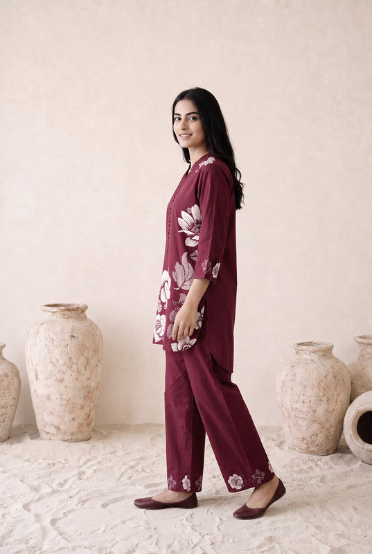 Wine Floral Cotton Flex Co-Ord Set