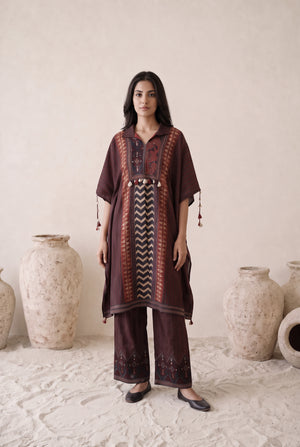 Ruhani Maroon Floral Printed Muslin Kaftan Set