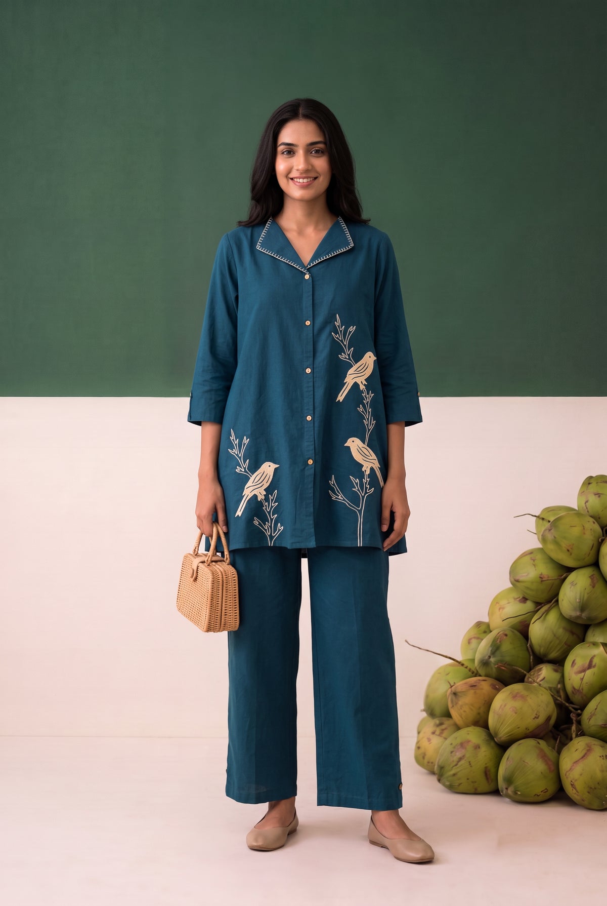 Teal Contrast Bird Motif Embroidered Cotton Flex Co-ord Set