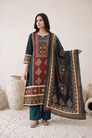 Teal Maroon Printed Cotton Kurta Set with Dupatta