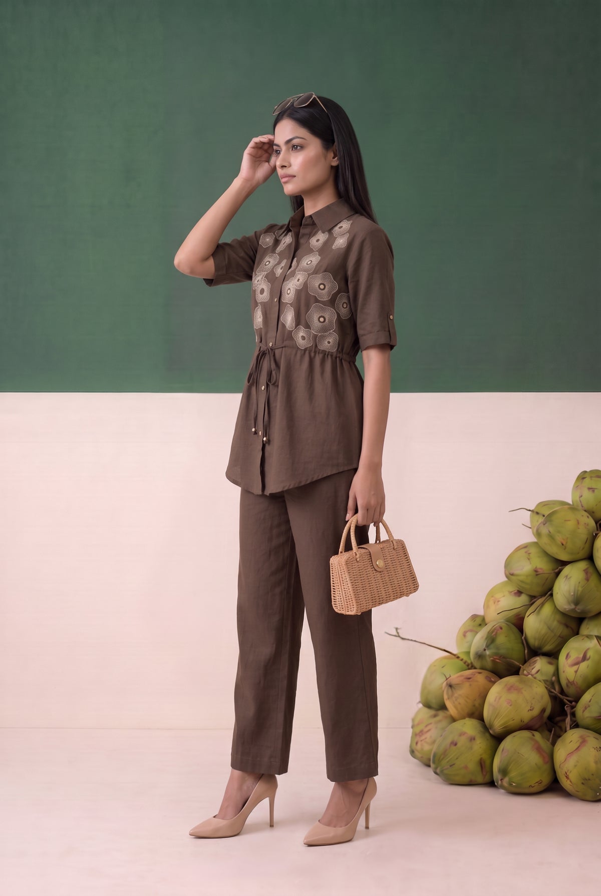 Brown Floral Embroidered Cotton Co-ord Set