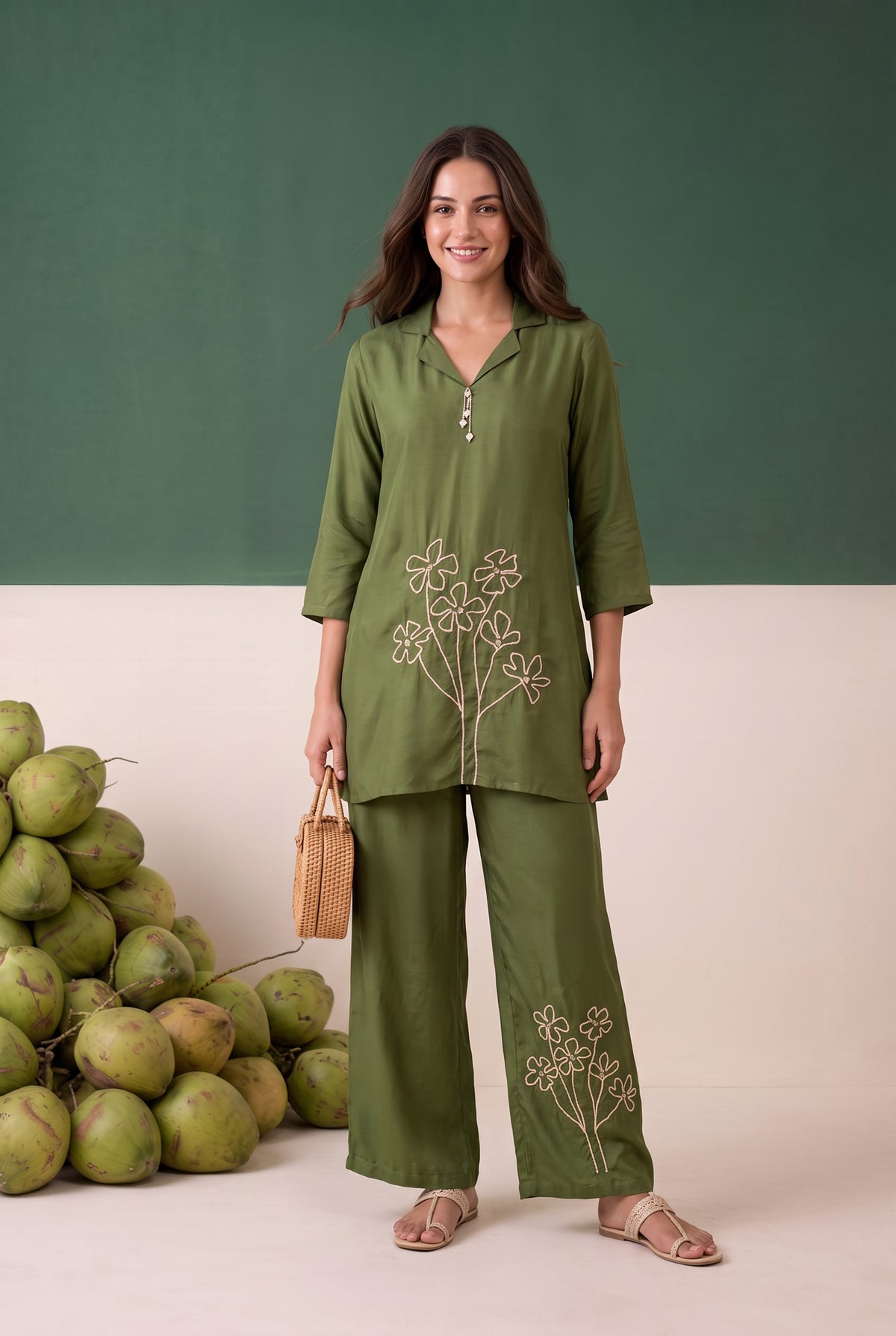 Green Artistic Floral Embroidered Muslin Co-ord Set