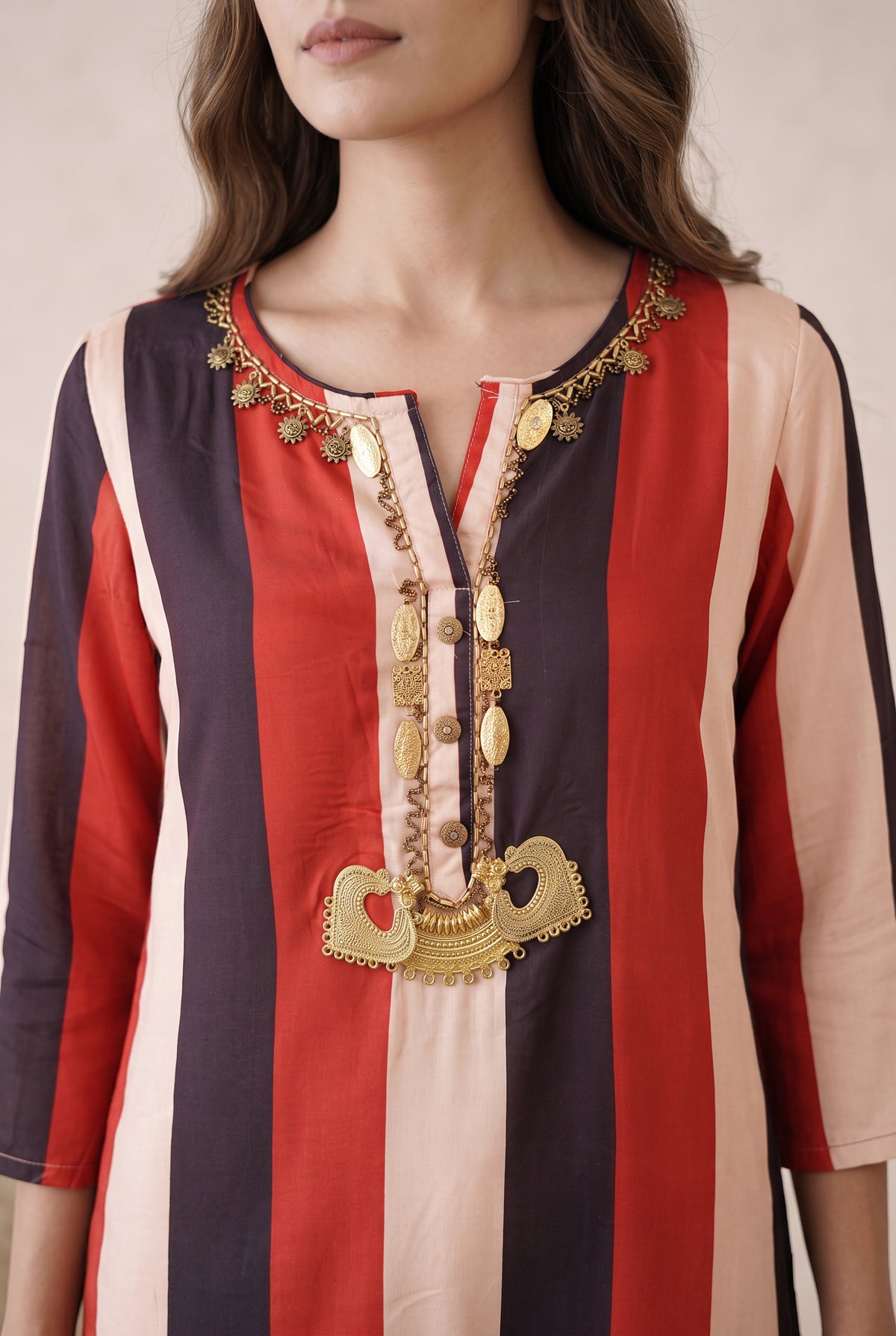 Meher Red, Black & Cream Striped Printed Muslin Kaftan Set