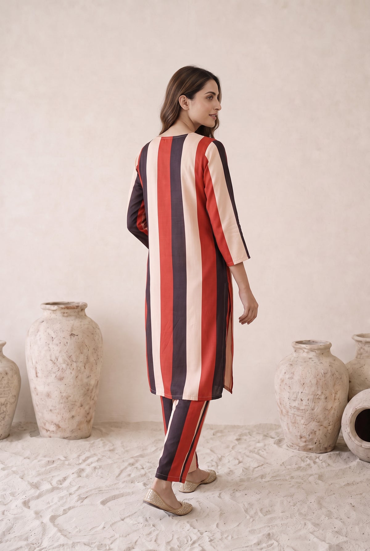 Meher Red, Black & Cream Striped Printed Muslin Kaftan Set