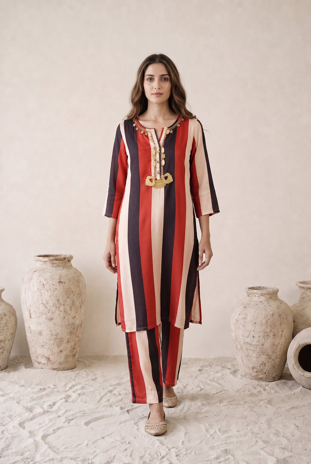 Meher Red, Black & Cream Striped Printed Muslin Kaftan Set