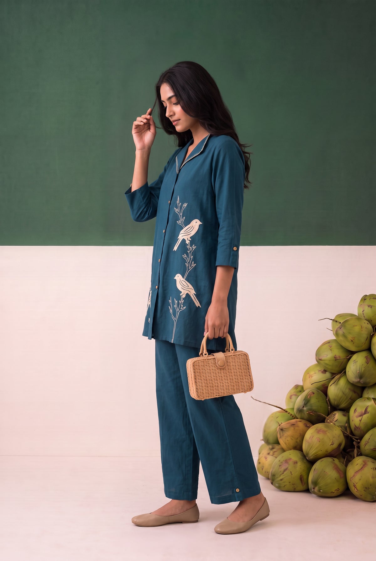 Teal Contrast Bird Motif Embroidered Cotton Flex Co-ord Set