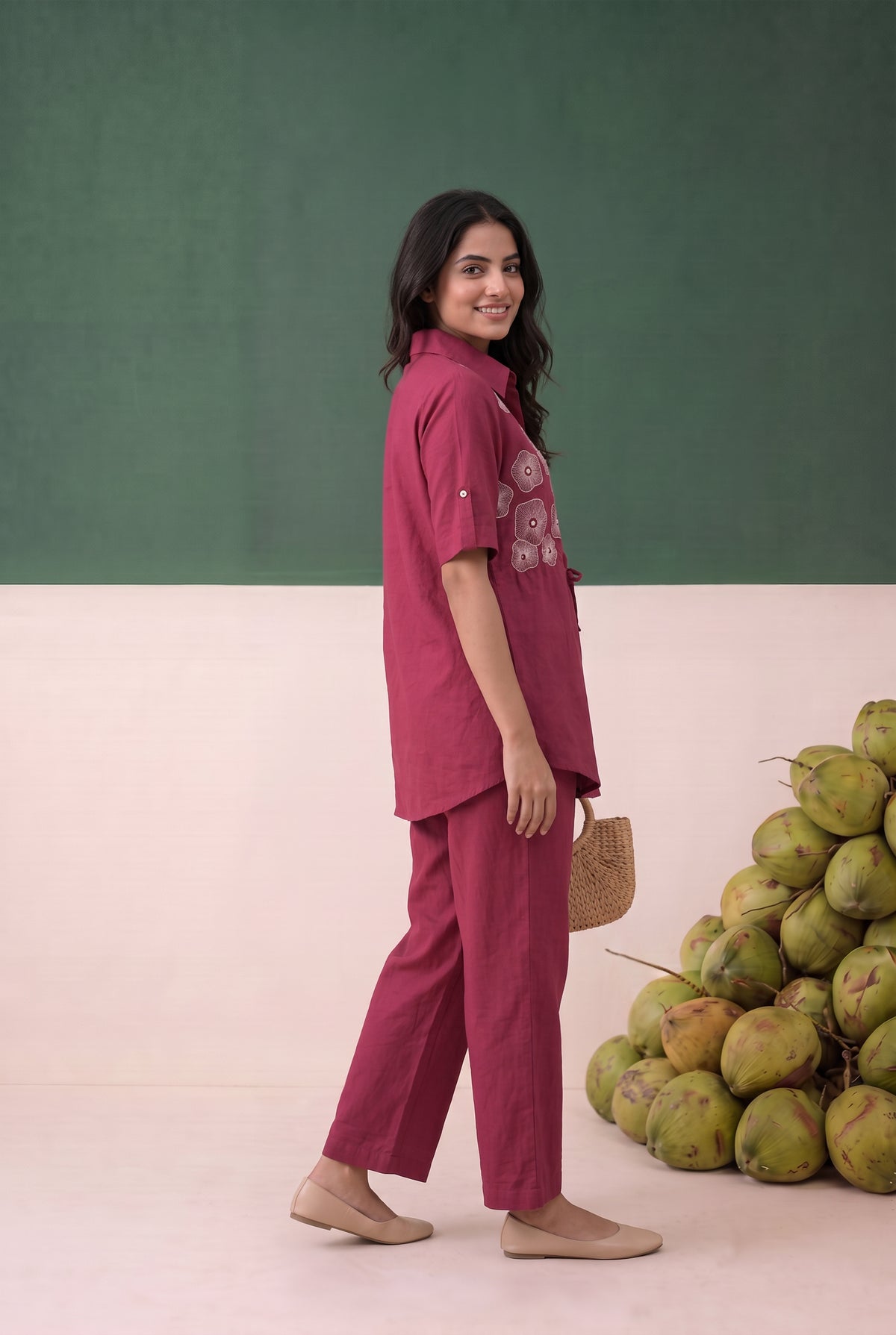 Maroon Floral Embroidered with Waist Belt Cotton Co-ord Set