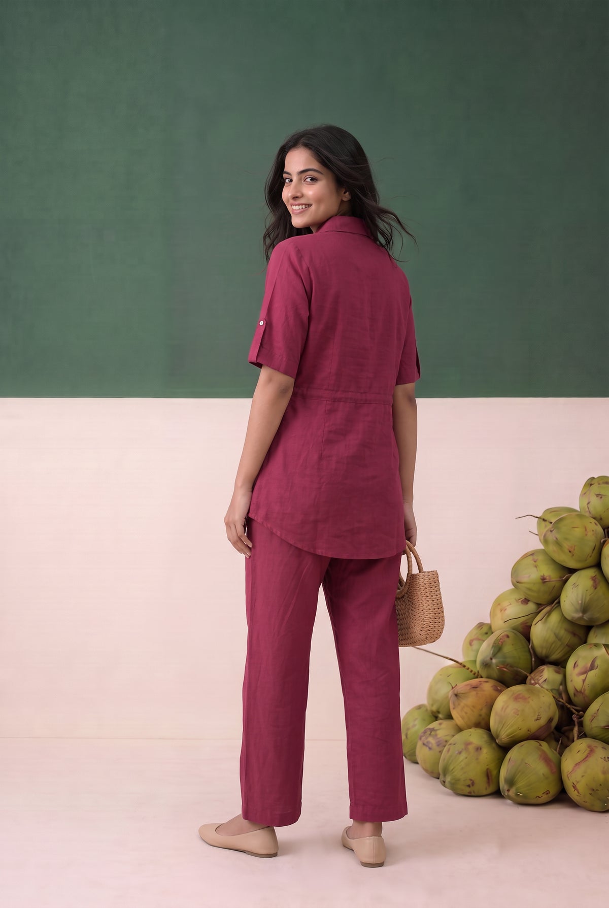 Maroon Floral Embroidered with Waist Belt Cotton Co-ord Set