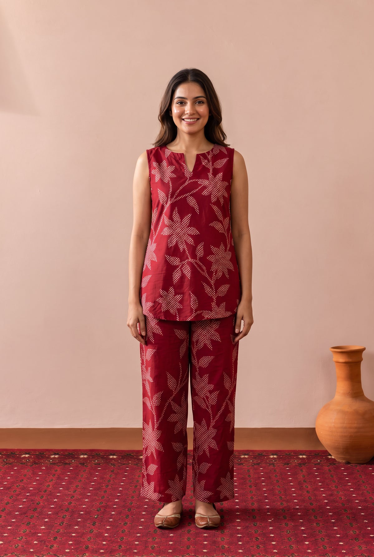 Red Leaf and Flower Printed Cotton Co-ord Set