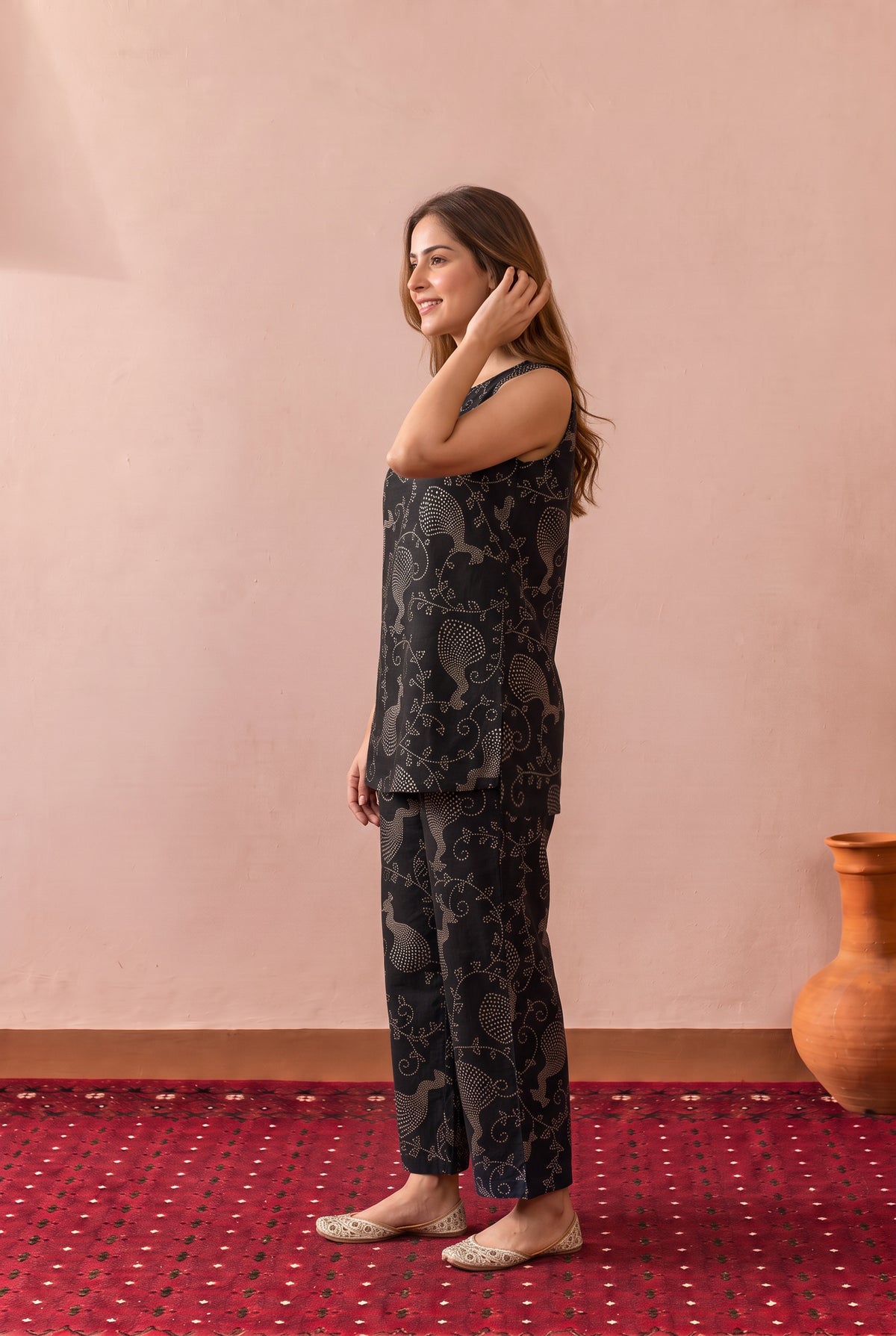 Black Ornamental Peacock Printed Cotton Co-ord Set