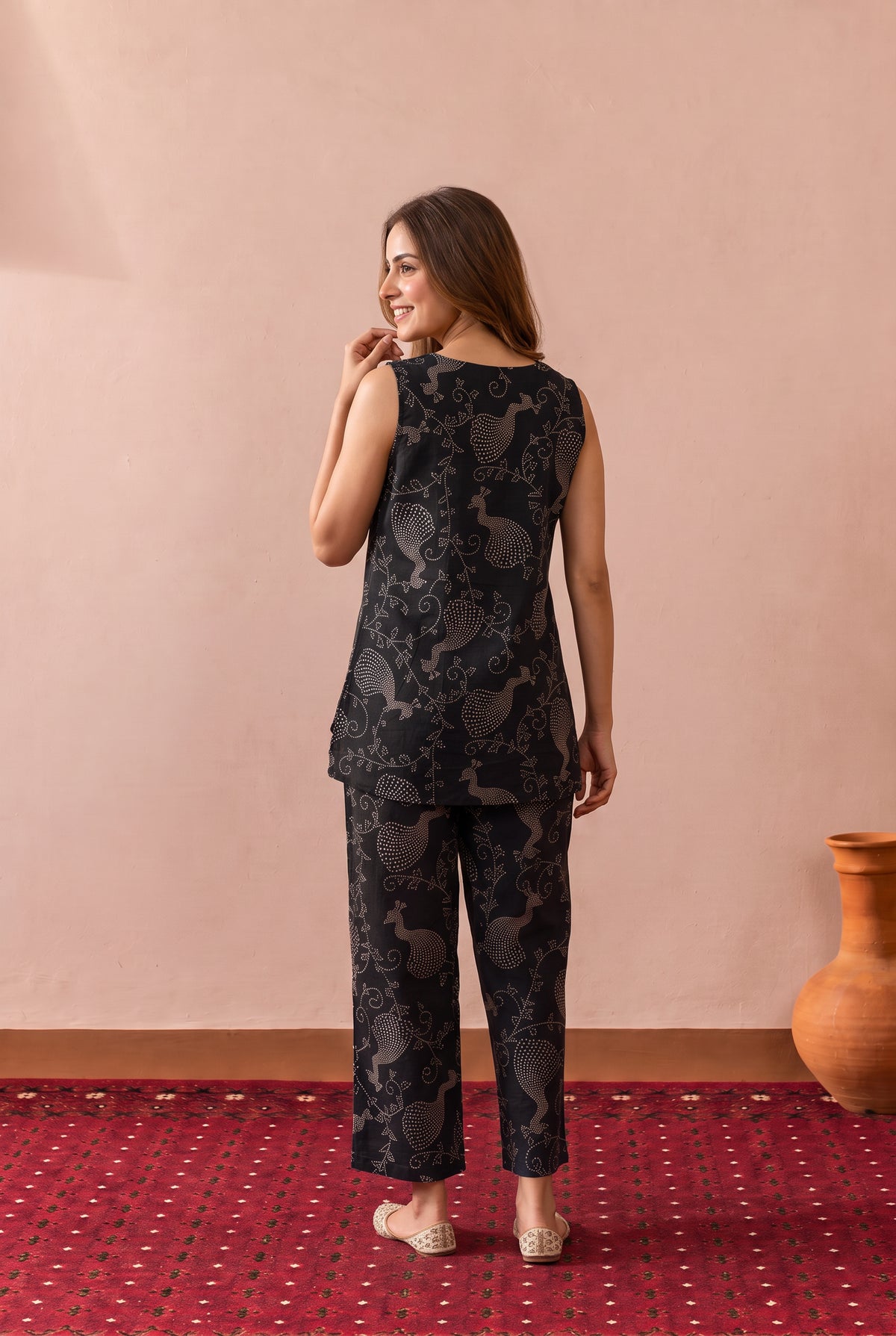 Black Ornamental Peacock Printed Cotton Co-ord Set