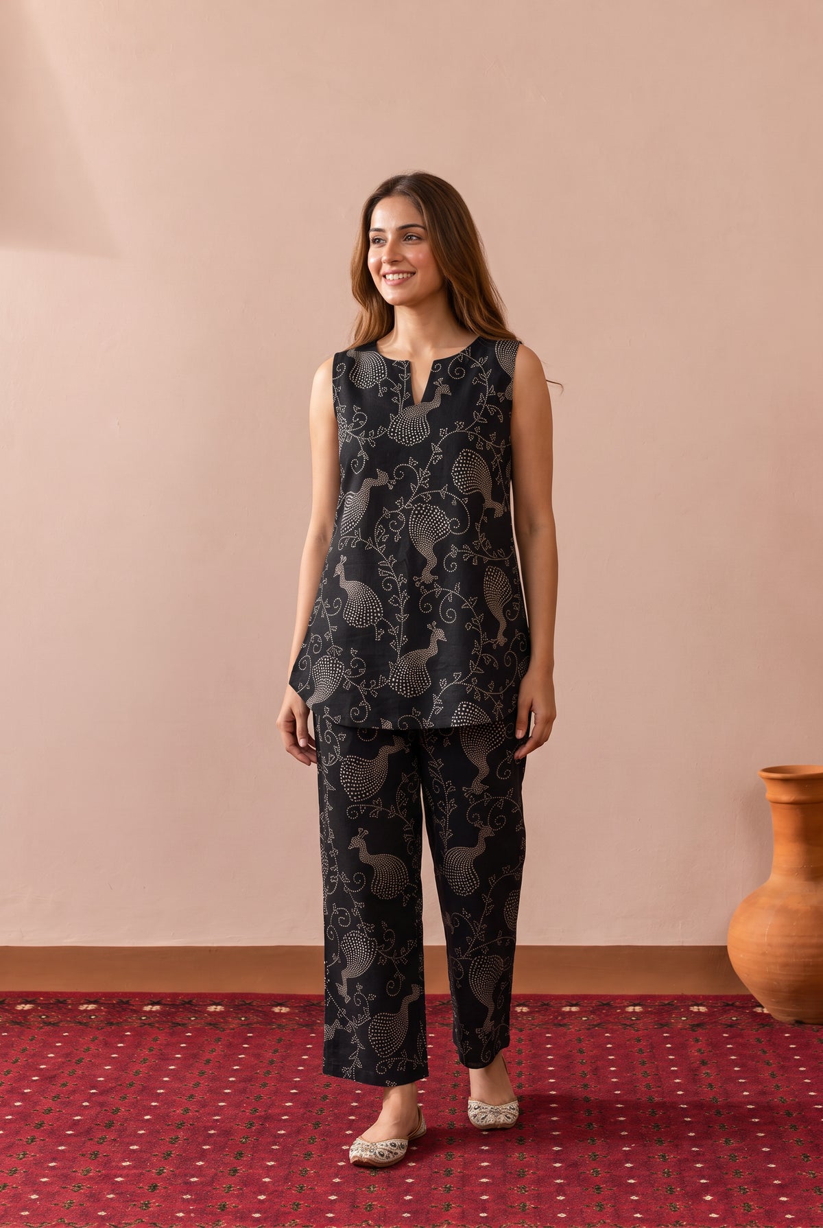 Black Ornamental Peacock Printed Cotton Co-ord Set