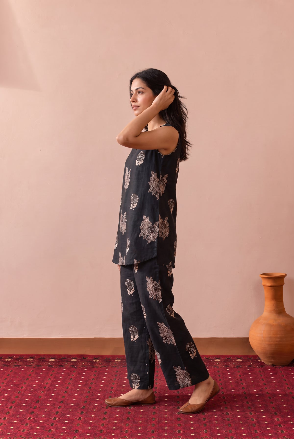 Black Botanical Buta Printed Cotton Co-ord Set