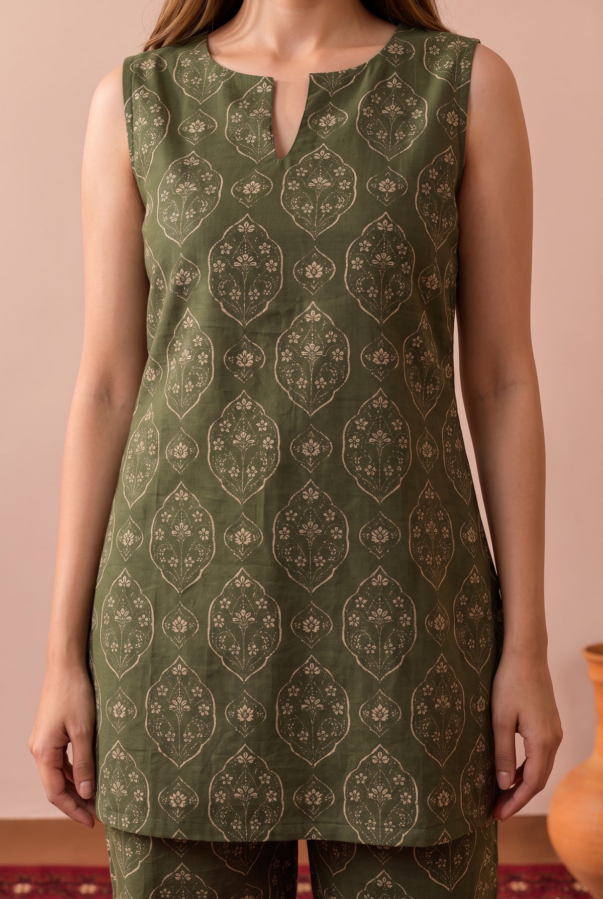 Olive Green Heritage Buta Printed Cotton Co-ord Set