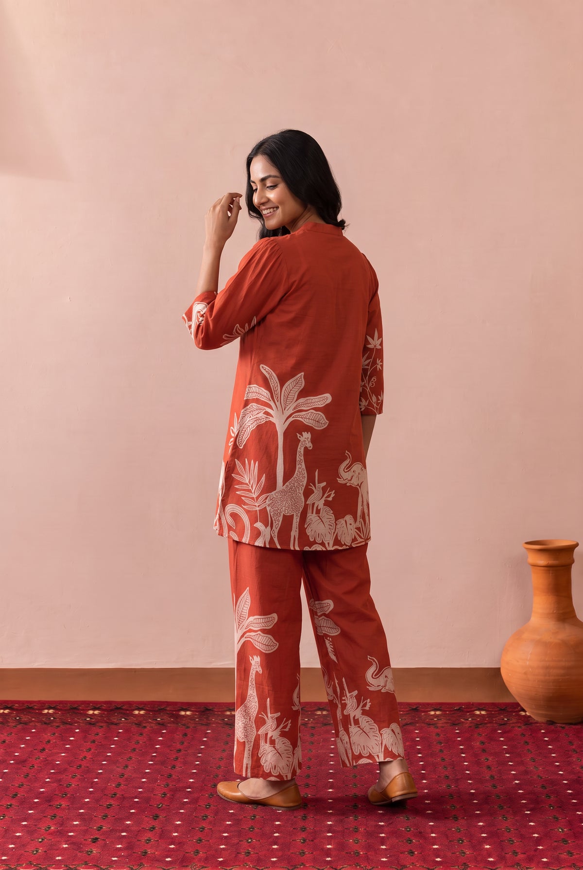 Rust Tropical Nature And Wildlife Printed Cotton Co-ord Set