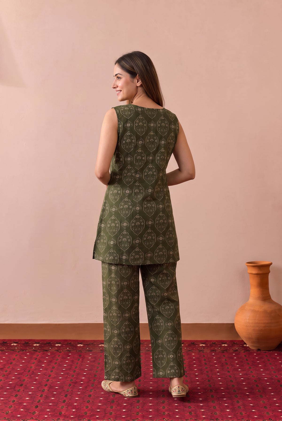 Olive Green Heritage Buta Printed Cotton Co-ord Set