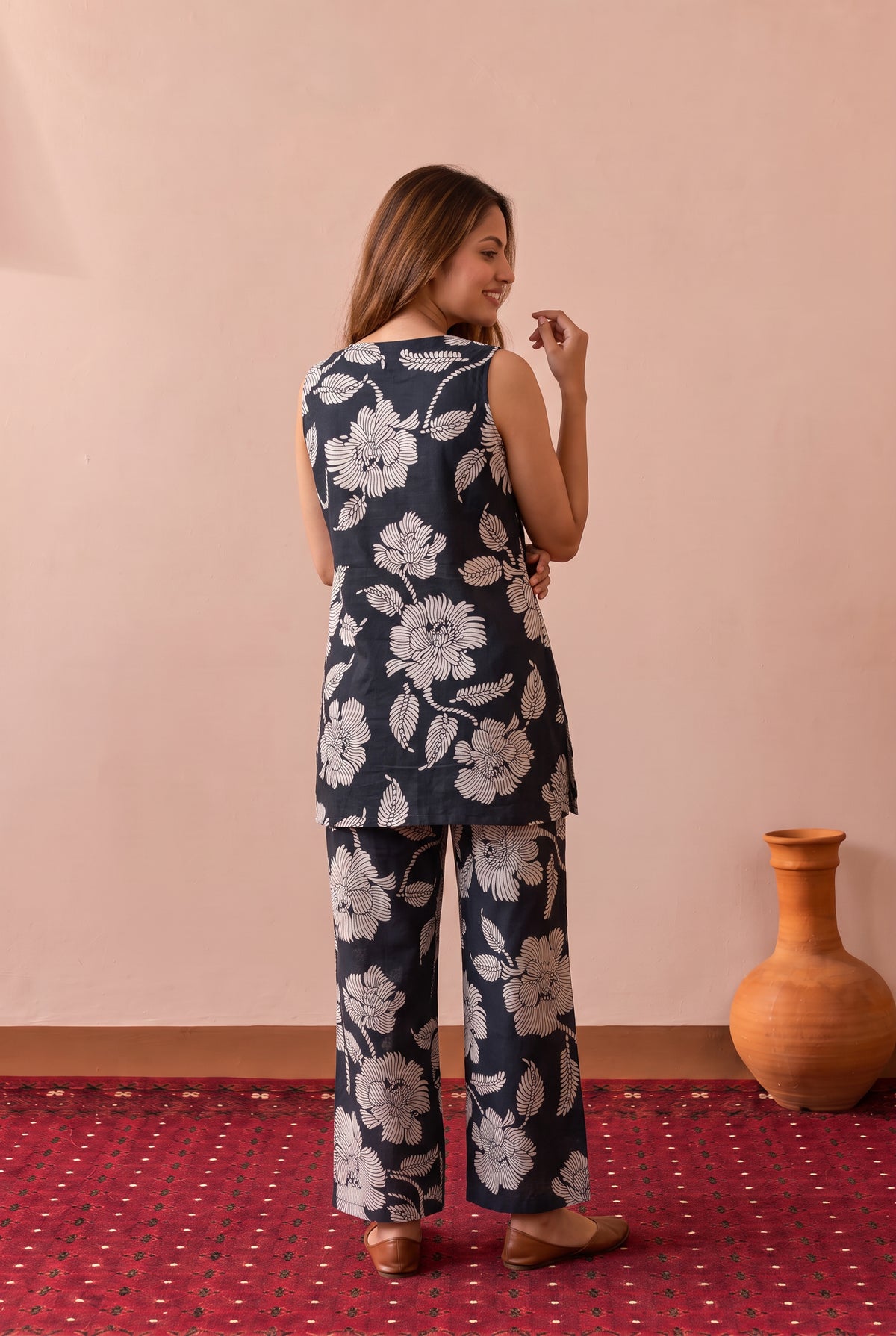 Black Large Floral Motif Printed Cotton Co-ord Set