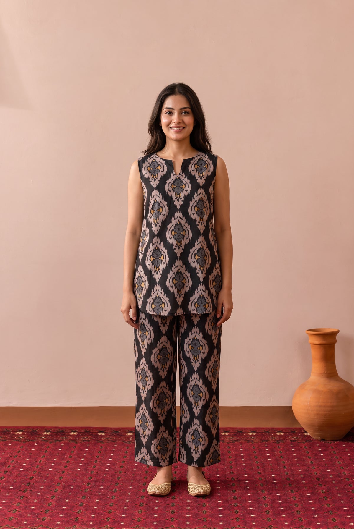 Black Geometric Ikat Printed Cotton Co-ord Set