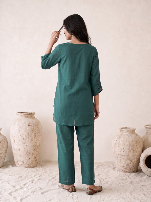 Teal Green Solid Russian silk Co-Ord Set