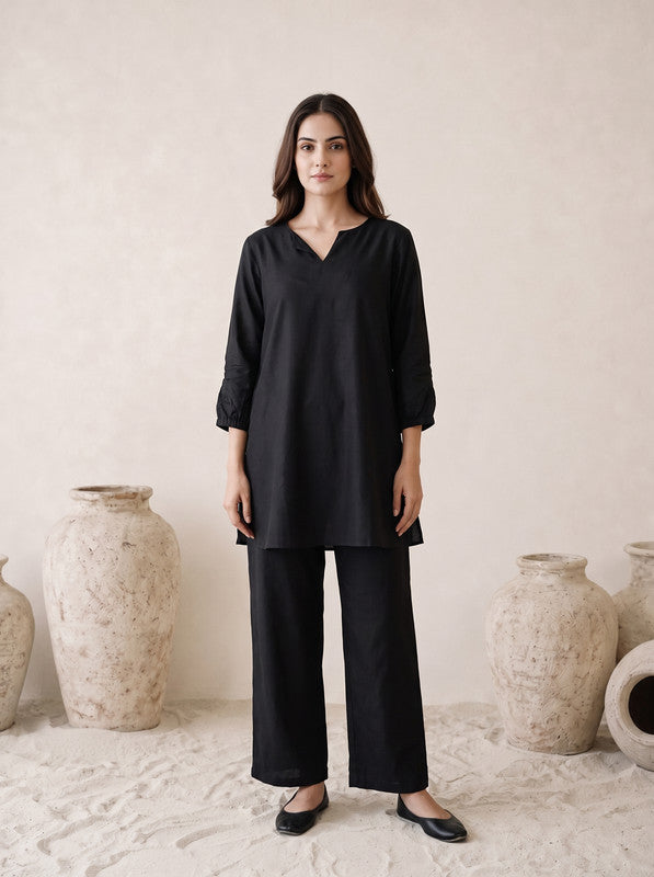 Black Solid Russian silk Co-Ord Set