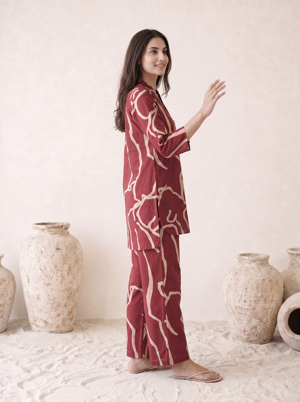 Maroon Abstract Printed Cotton Co-Ord Set