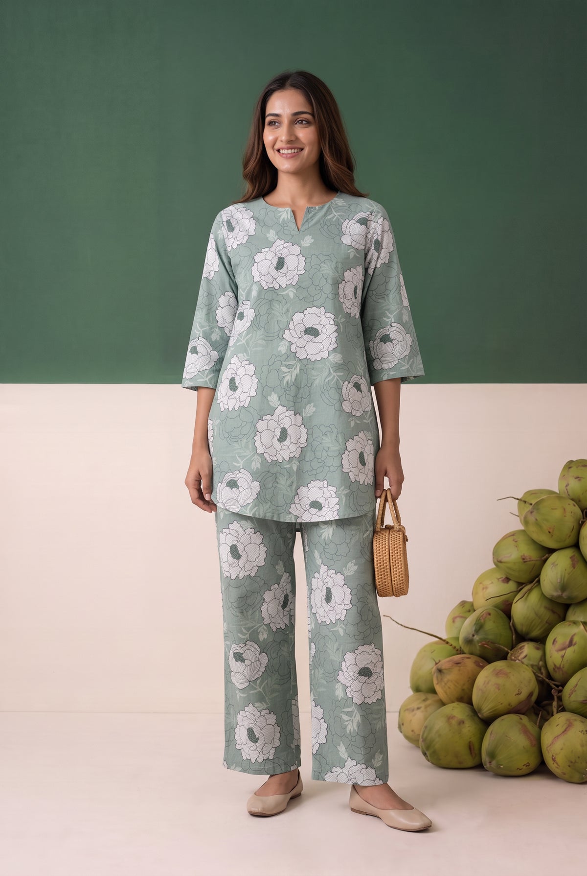 Green All Over Floral Printed Cotton Loungewear Top Set