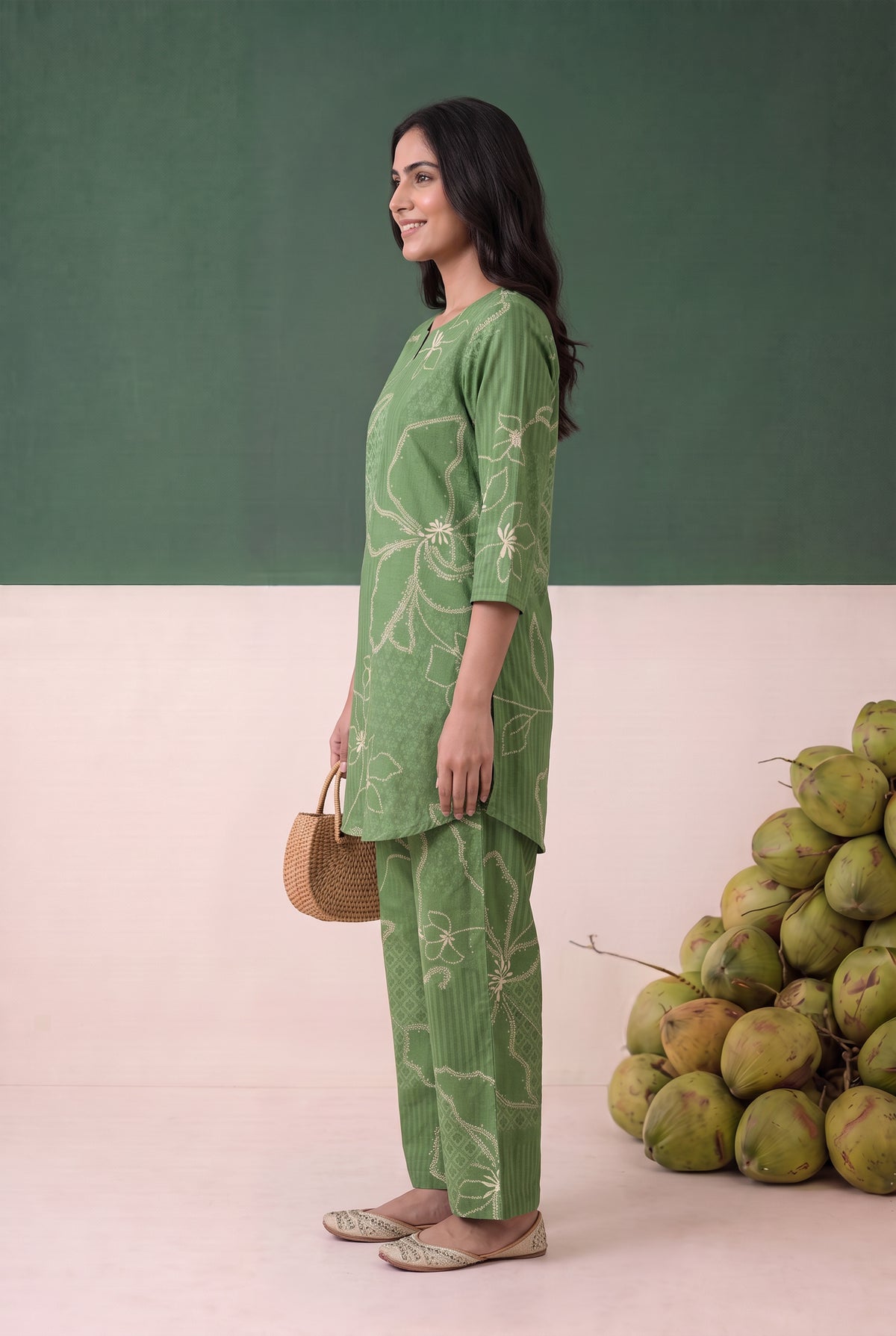 Green Floral Line Printed Cotton Flex Loungewear Top Set