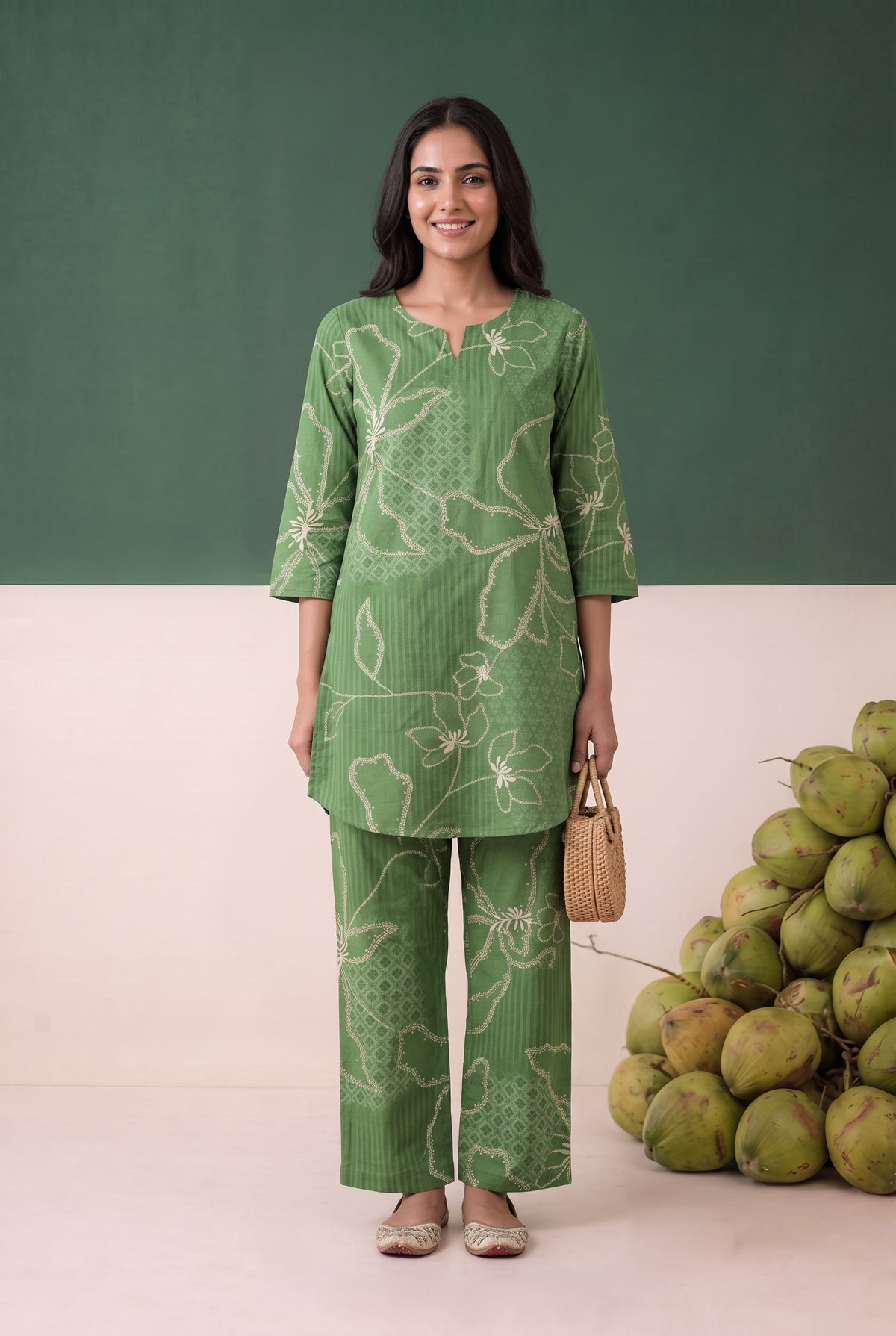 Green Floral Line Printed Cotton Flex Loungewear Top Set