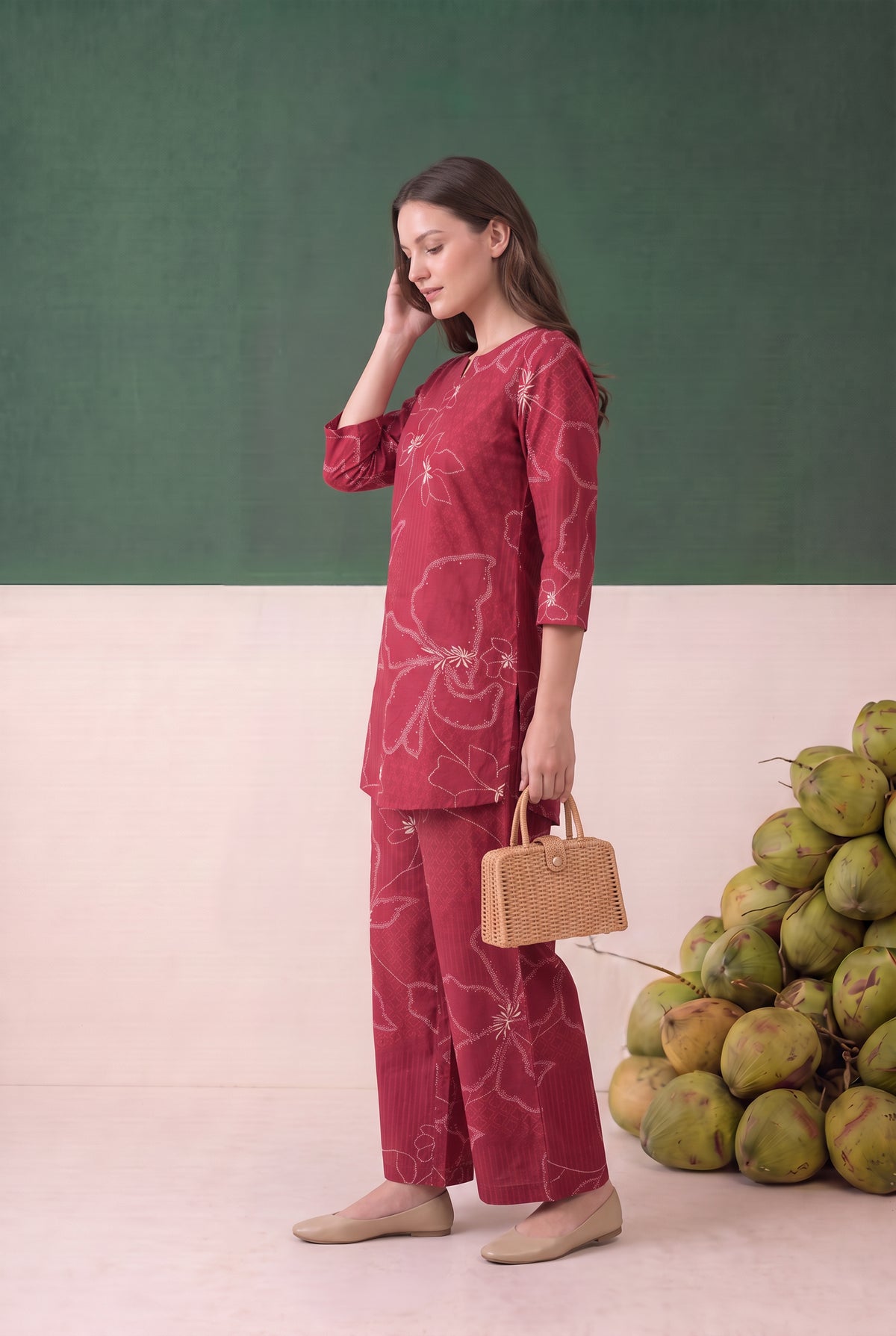 Red Abstract Floral Printed Cotton Flex Loungewear Top Set
