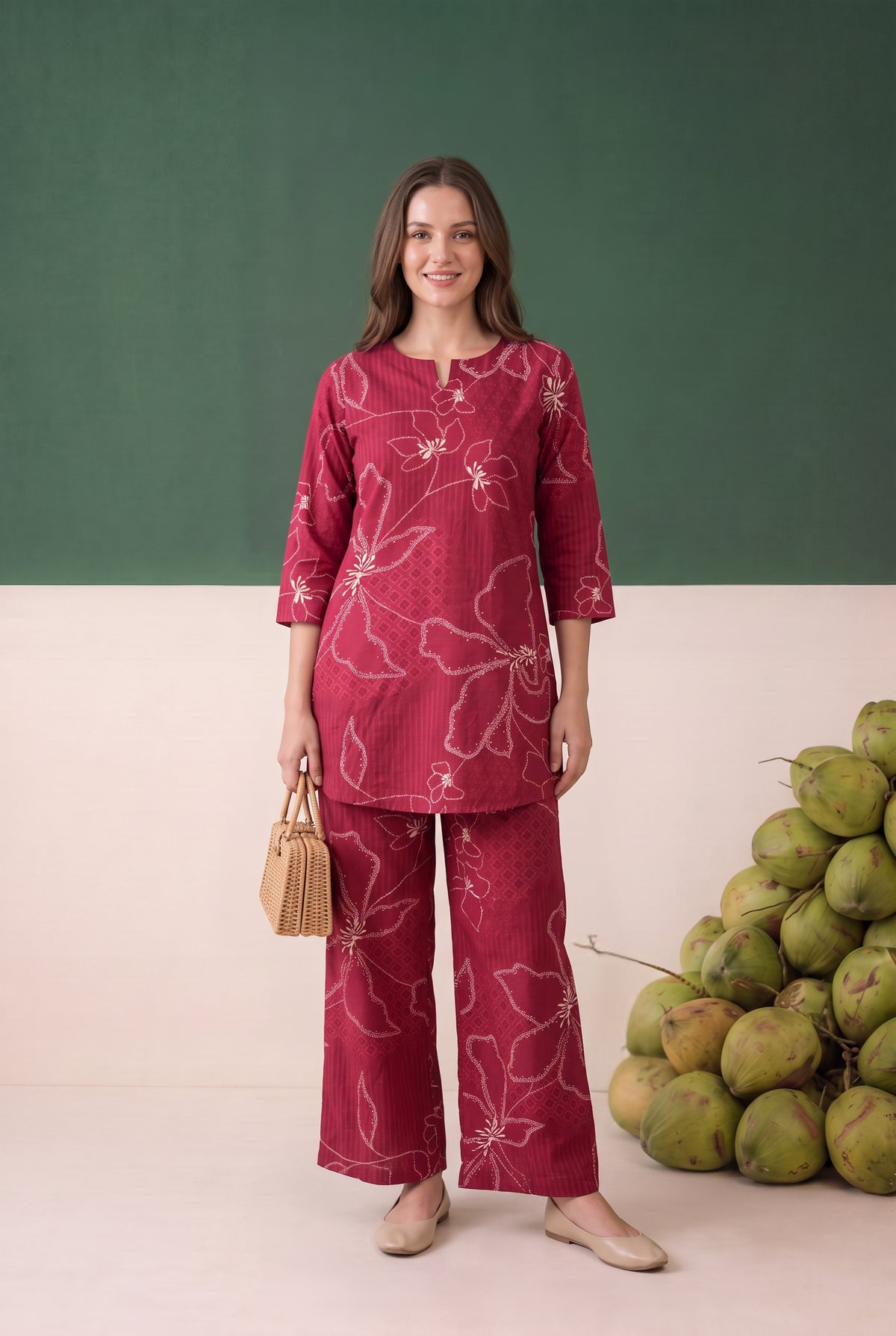Red Abstract Floral Printed Cotton Flex Loungewear Top Set