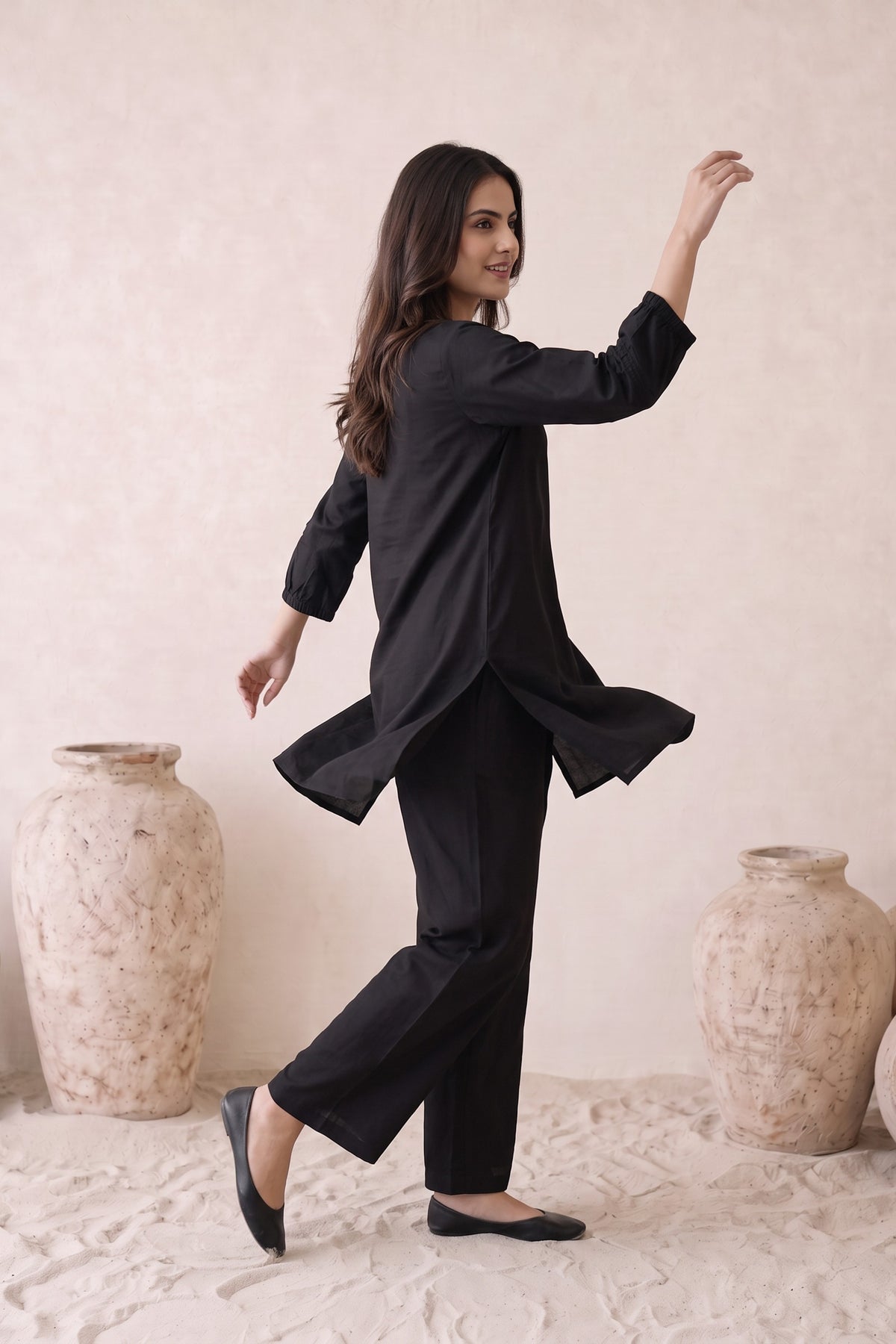 Black Solid Russian silk Co-Ord Set