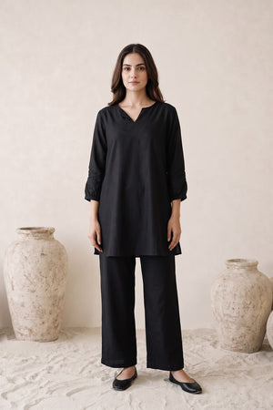 Black Solid Russian silk Co-Ord Set