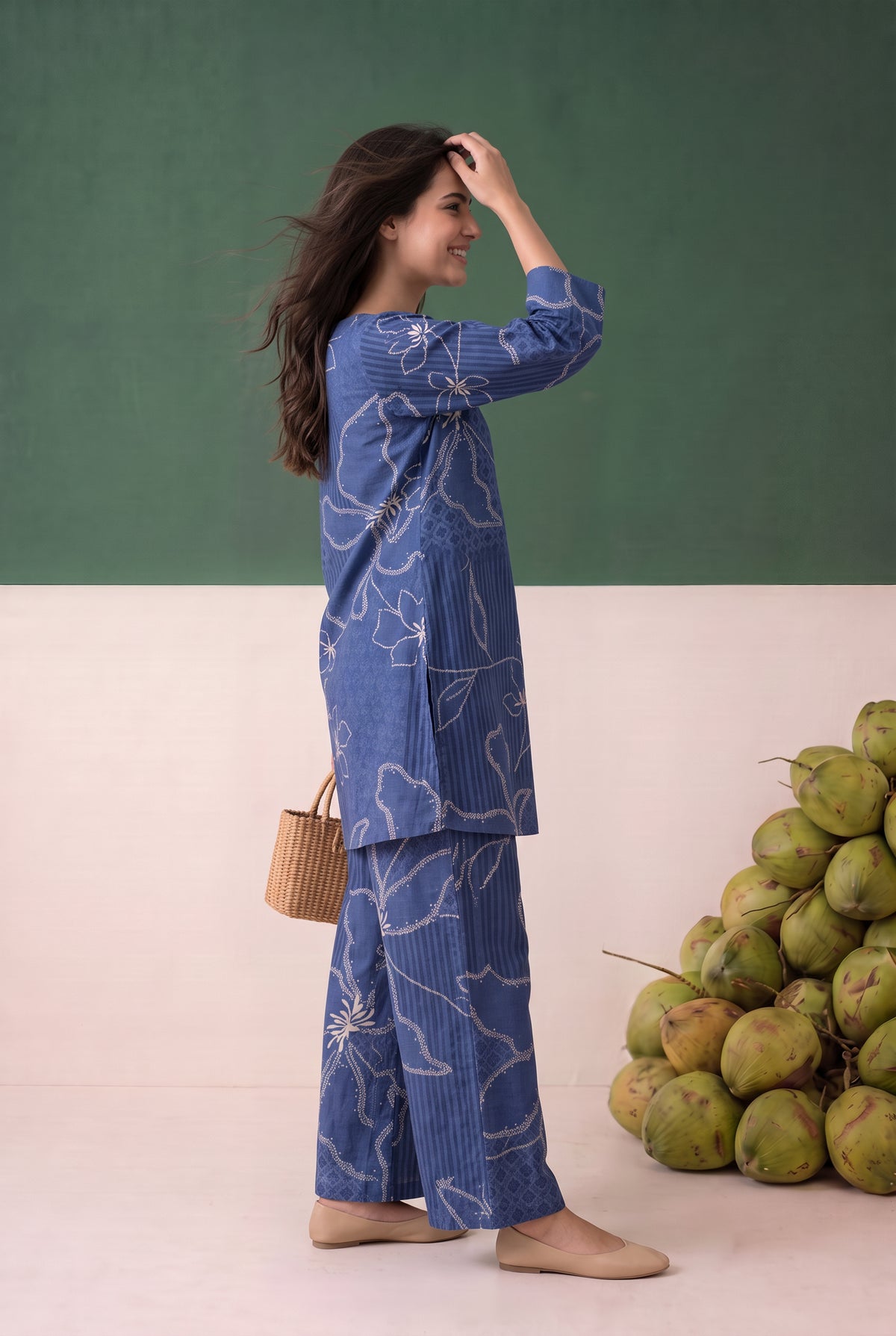 Blue Abstract Floral Printed Cotton Flex Loungewear Top Set