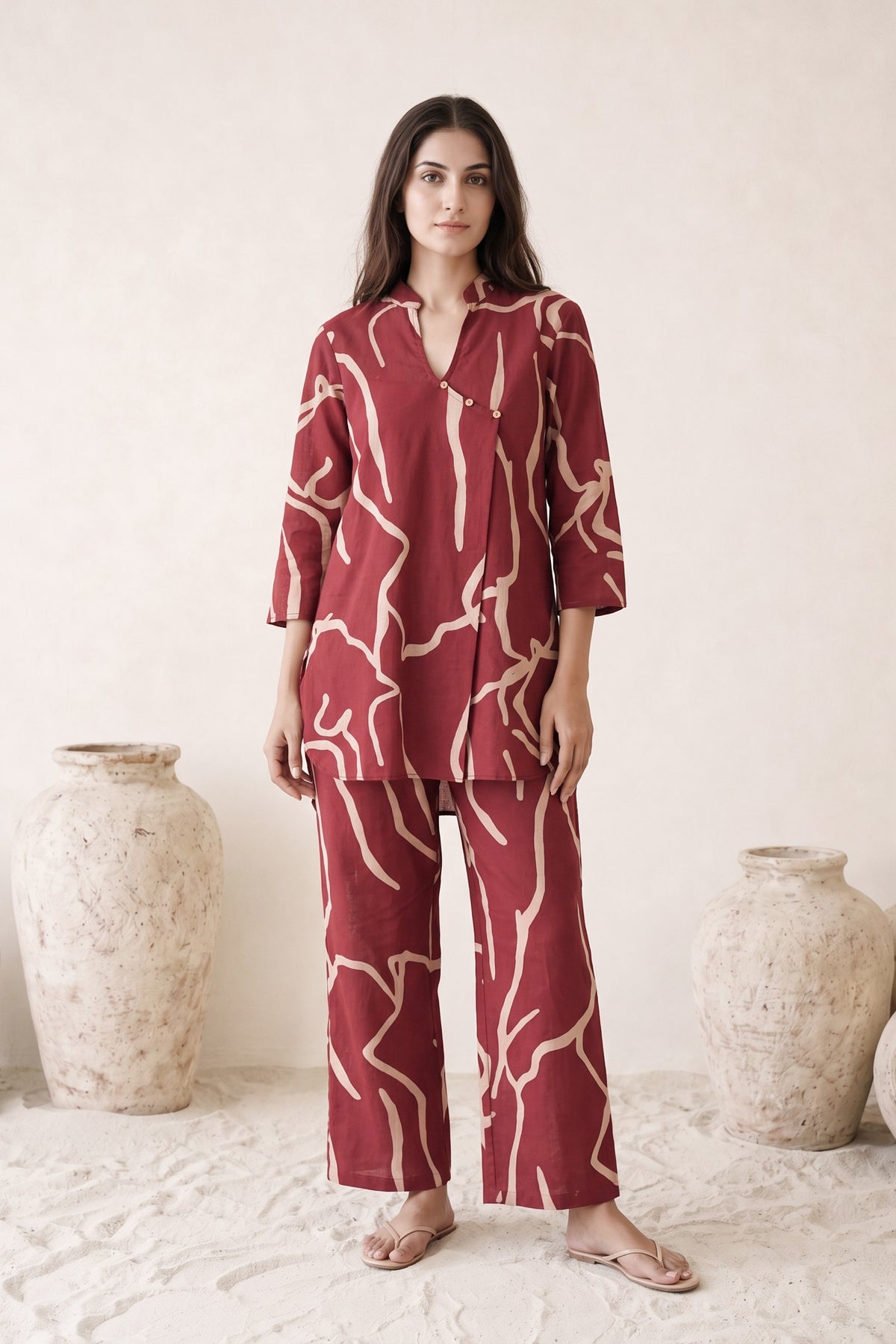 Maroon Abstract Printed Cotton Co-Ord Set