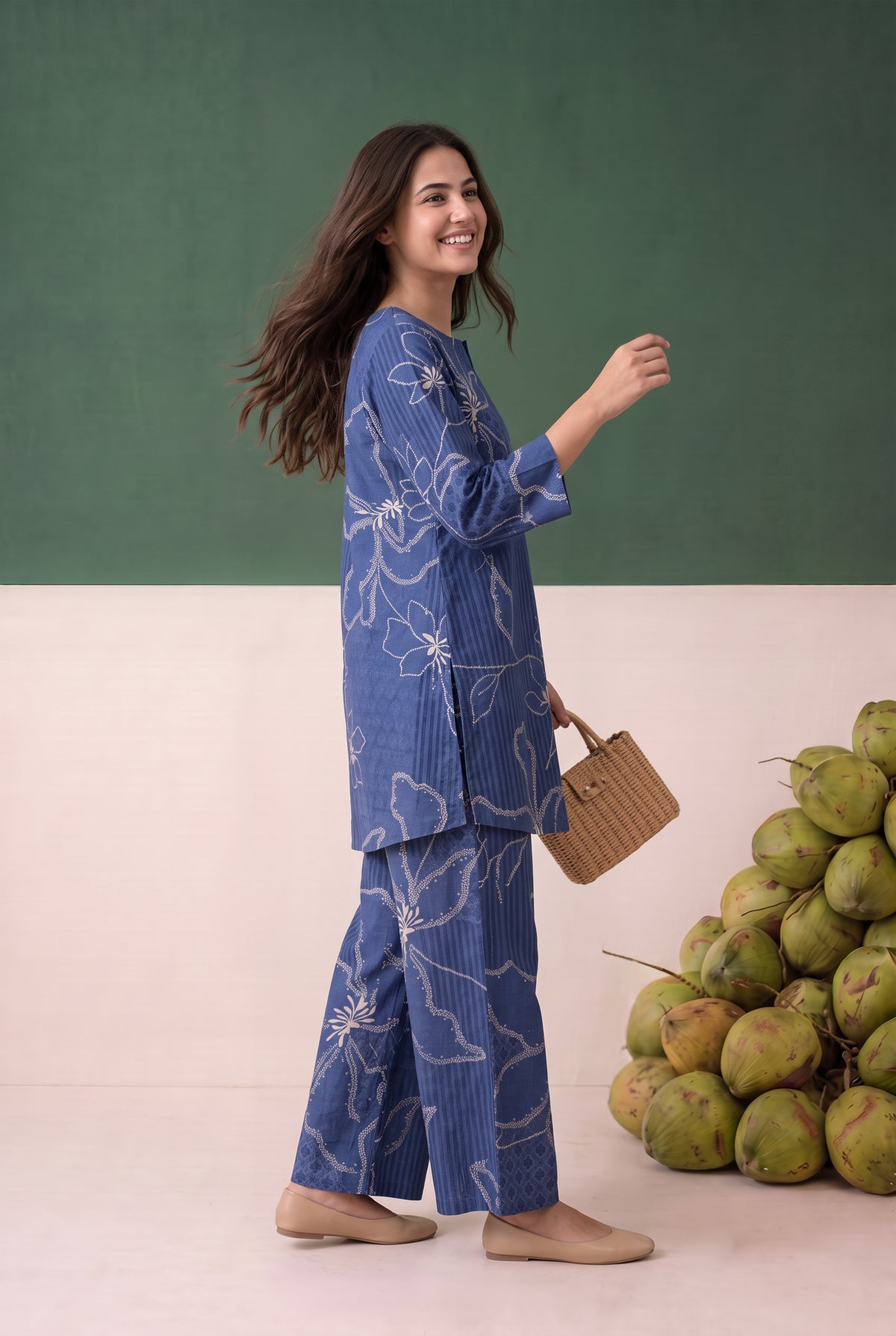 Blue Abstract Floral Printed Cotton Flex Loungewear Top Set
