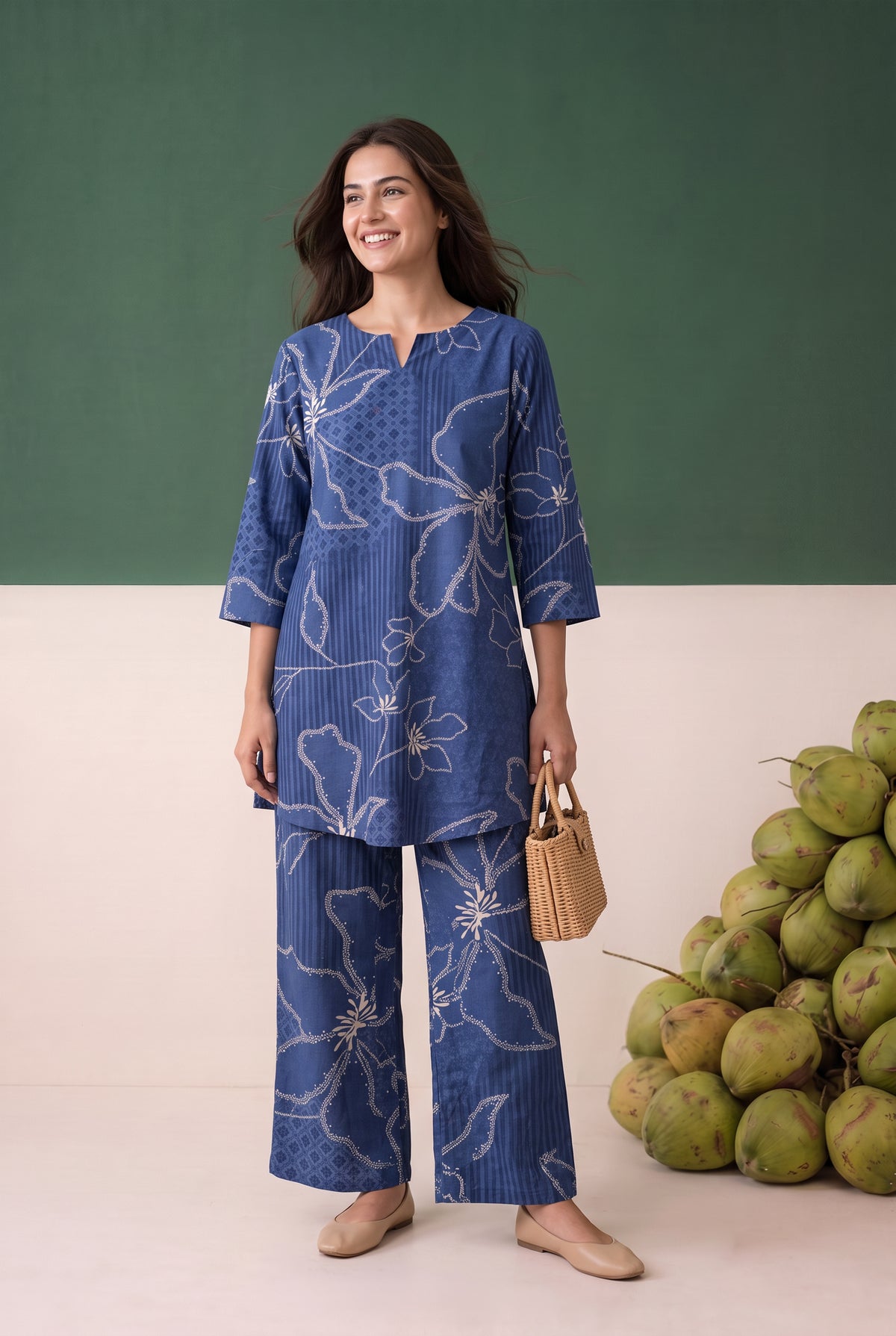 Blue Abstract Floral Printed Cotton Flex Loungewear Top Set