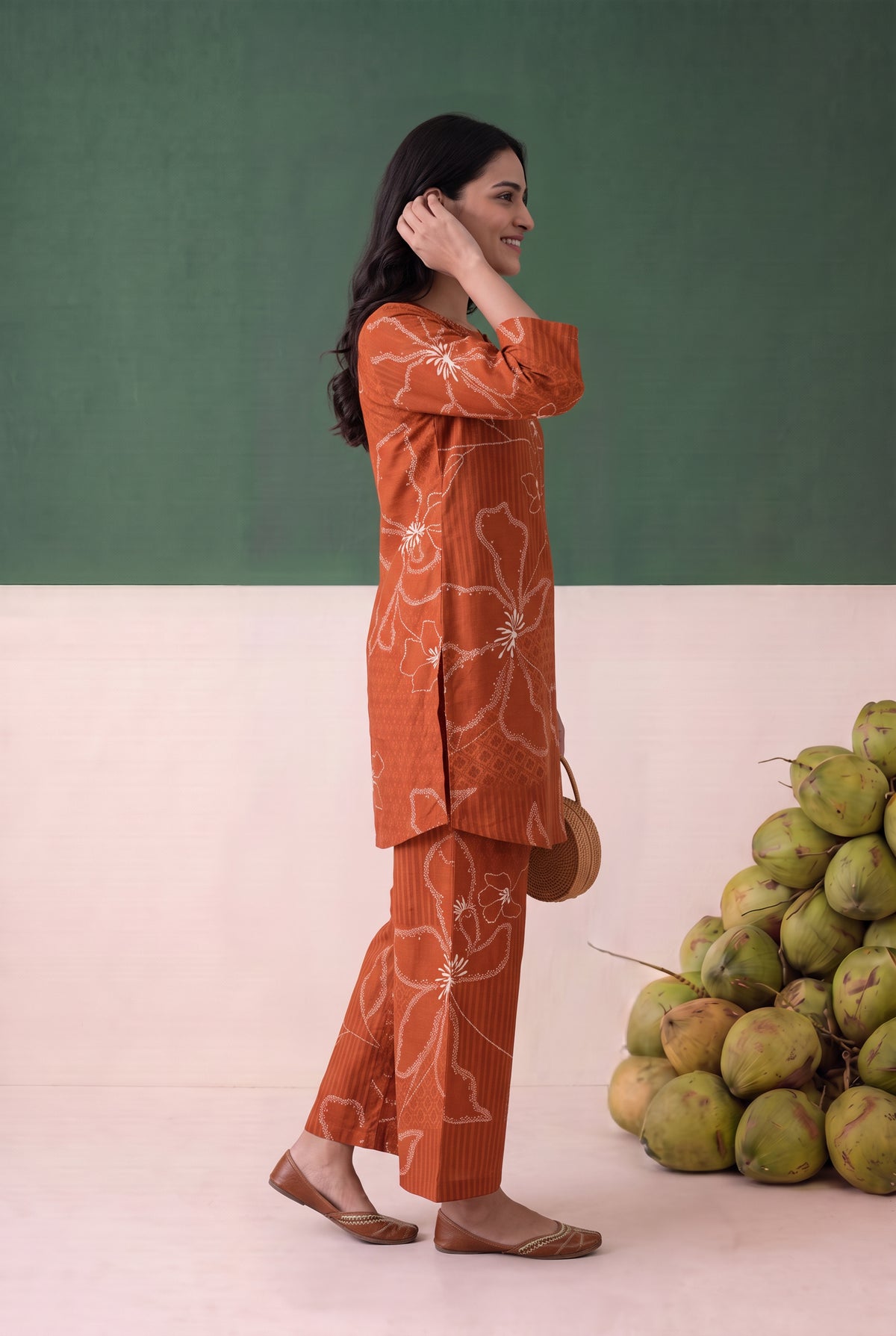 Rust Floral Pattern Line Printed Cotton Flex Co-ord Set