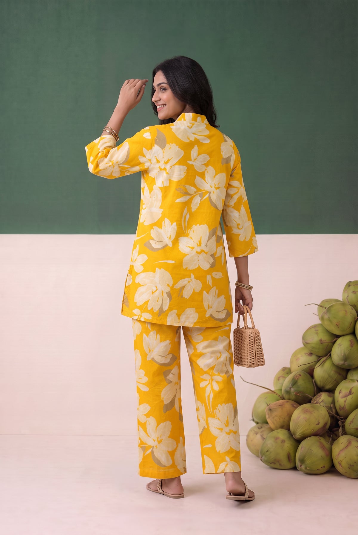 Yellow Floral Printed Cotton Co-ord Set