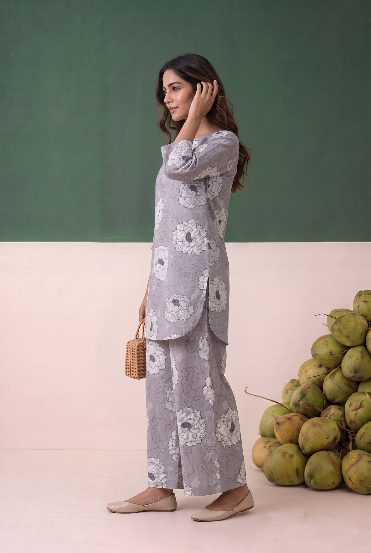 Grey Floral Printed Cotton Co-ord Set