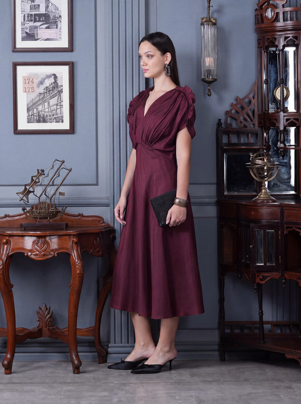 Maroon Solid Ruched Sleeve Russian Silk Midi Dress