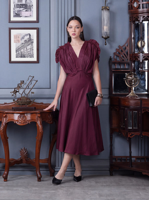 Maroon Solid Ruched Sleeve Russian Silk Midi Dress