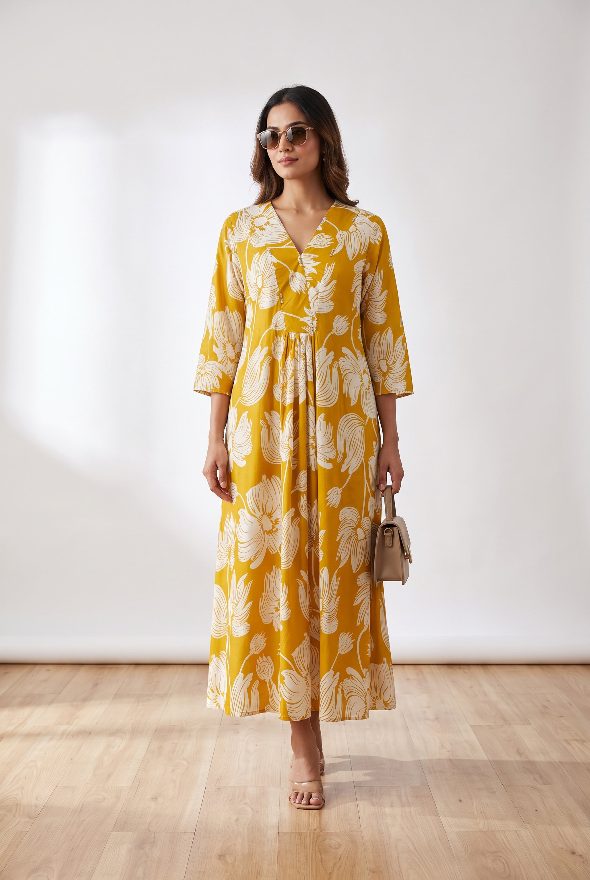 Artistic Floral Printed Flared Russian Silk Dress