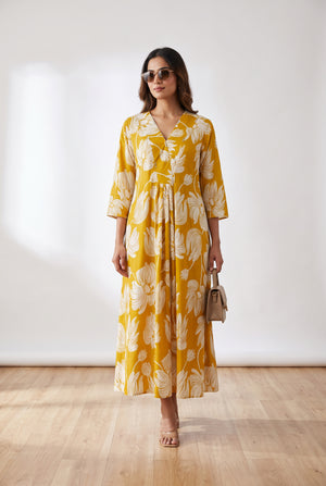 Artistic Floral Printed Flared Russian Silk Dress