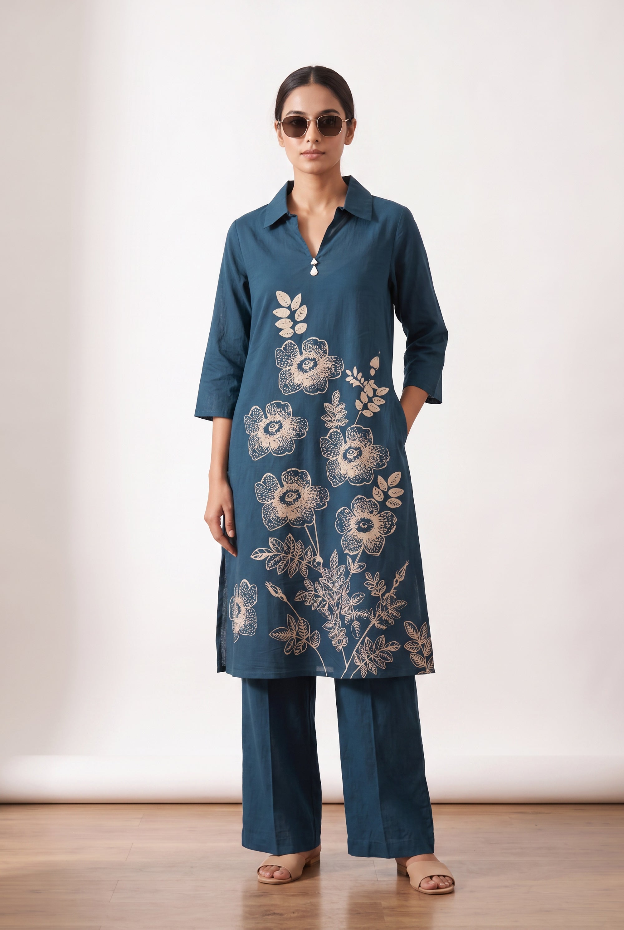 Blue Botanical Sketch Printed Cotton Two-Piece Co-ord Set