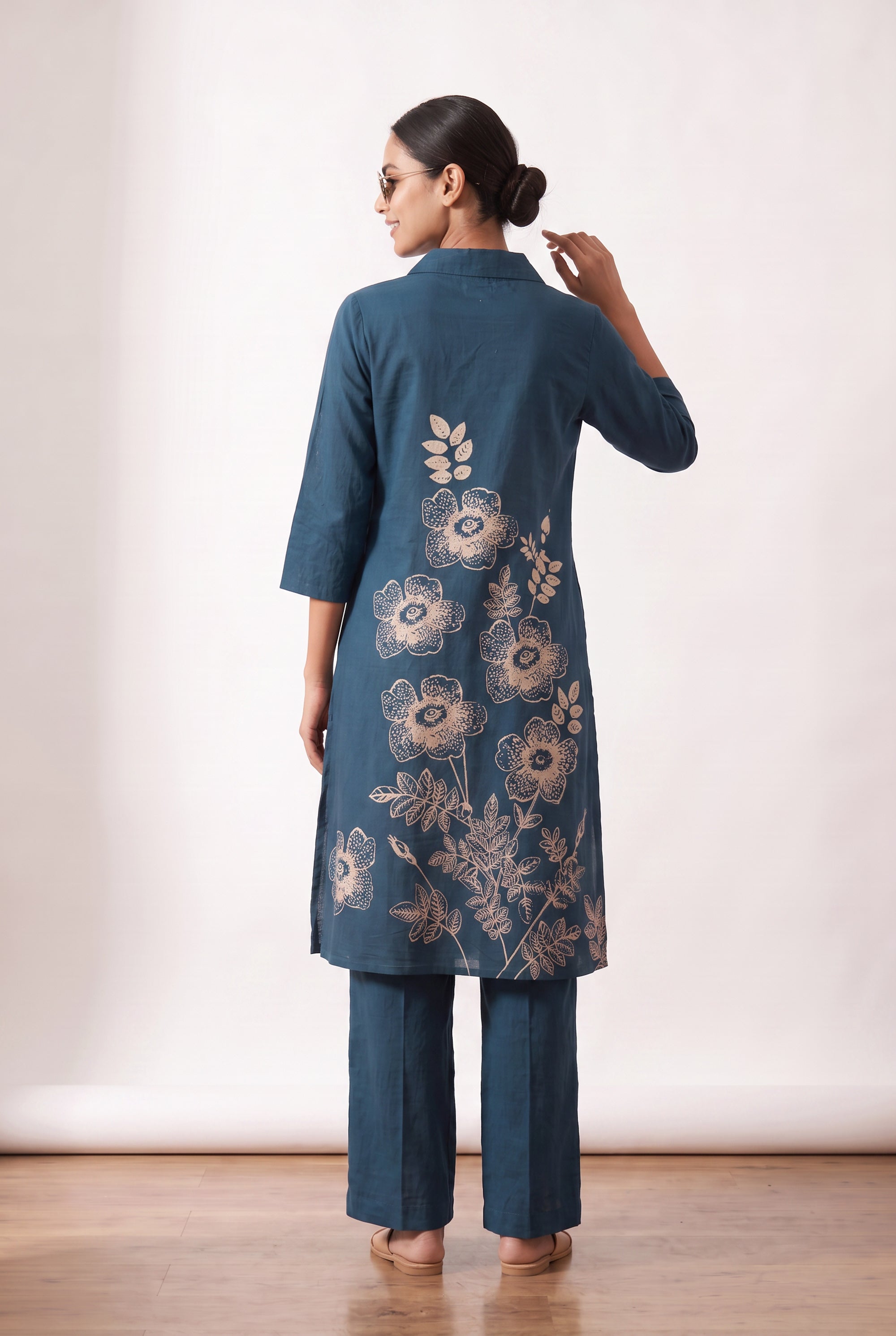 Blue Botanical Sketch Printed Cotton Two-Piece Co-ord Set