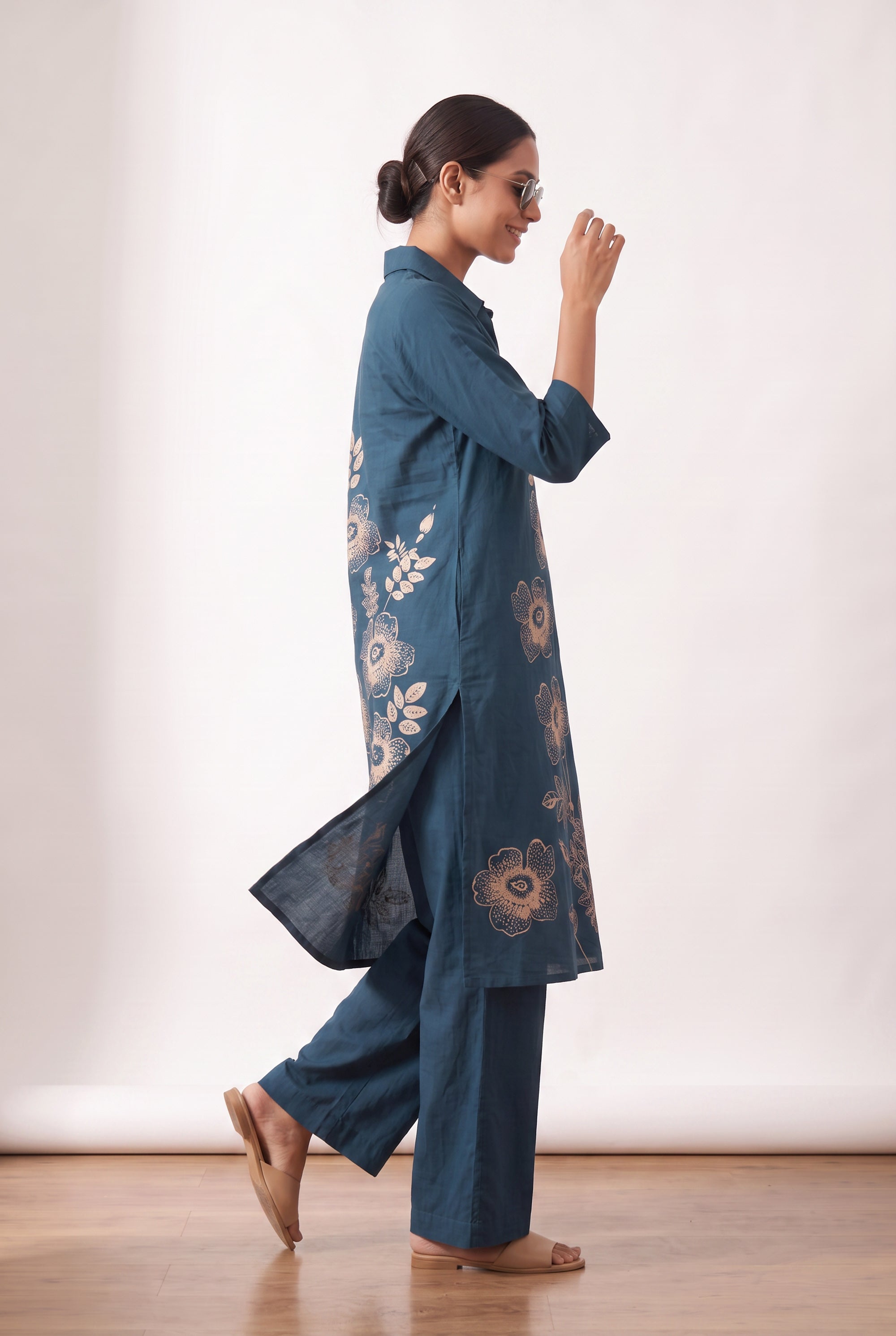 Blue Botanical Sketch Printed Cotton Two-Piece Co-ord Set