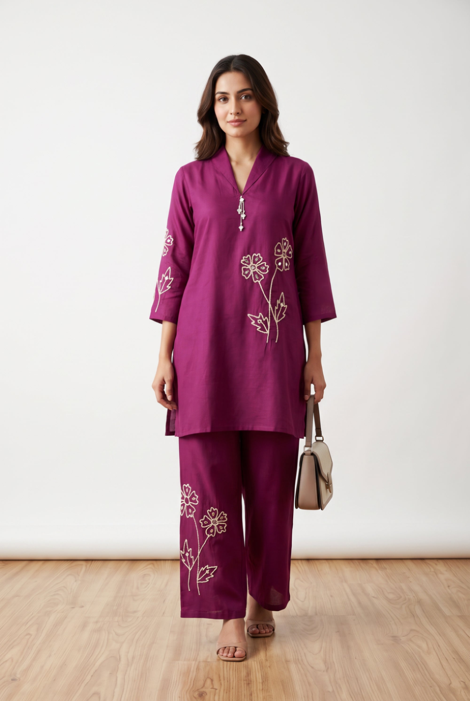 Purple Botanical Hand Embroidered Russian Silk Co-ord Set