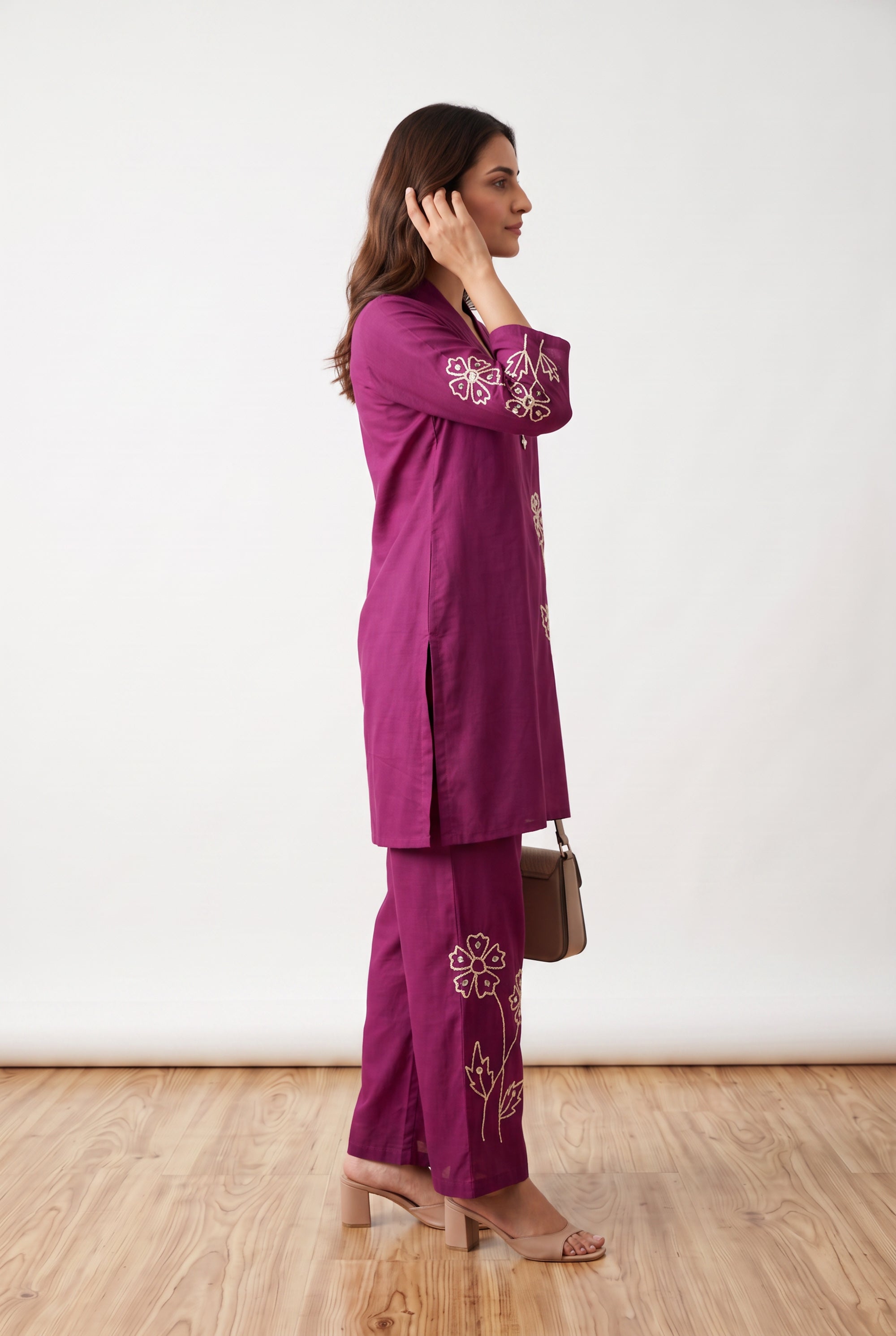 Purple Botanical Hand Embroidered Russian Silk Co-ord Set