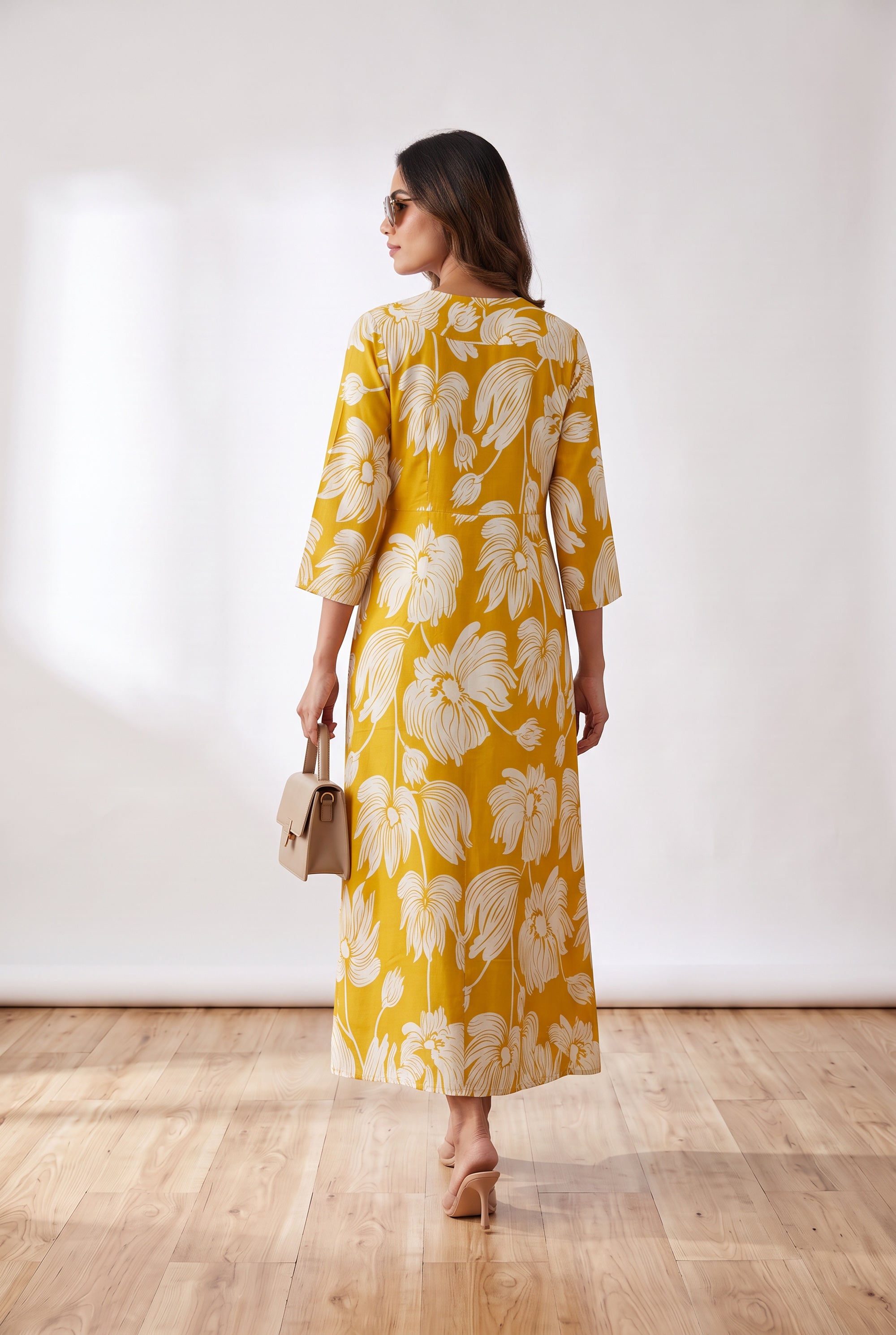 Artistic Floral Printed Flared Russian Silk Dress